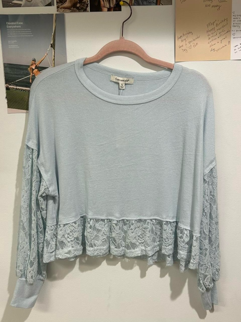Francesca's Collections Light Blue Lace-Trim Cropped Long Sleeve Top
